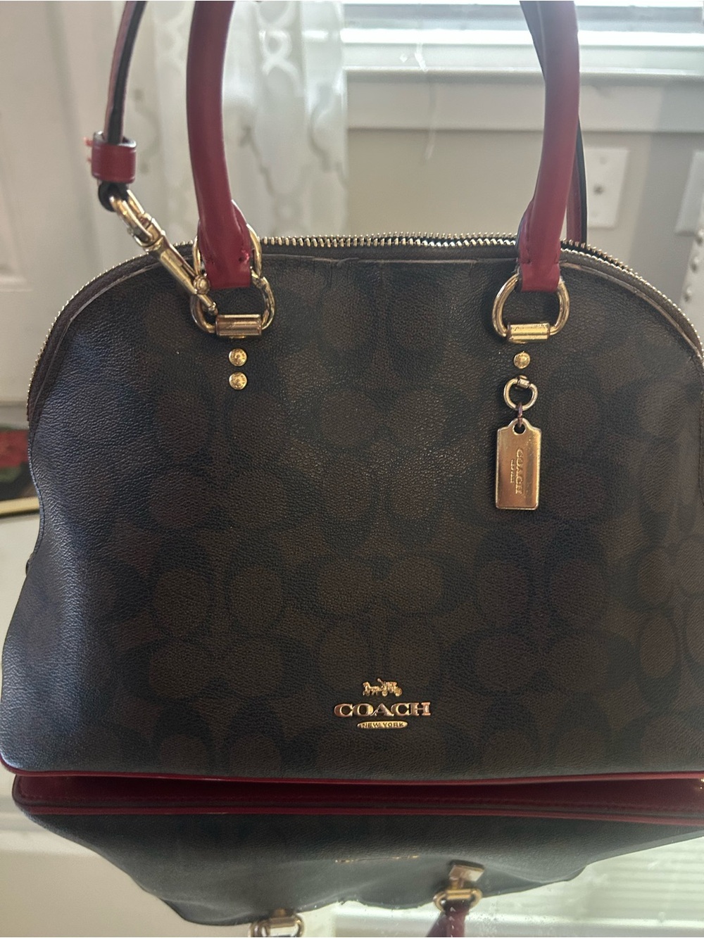 Coach Brown Signature Dome Satchel with Red Handles